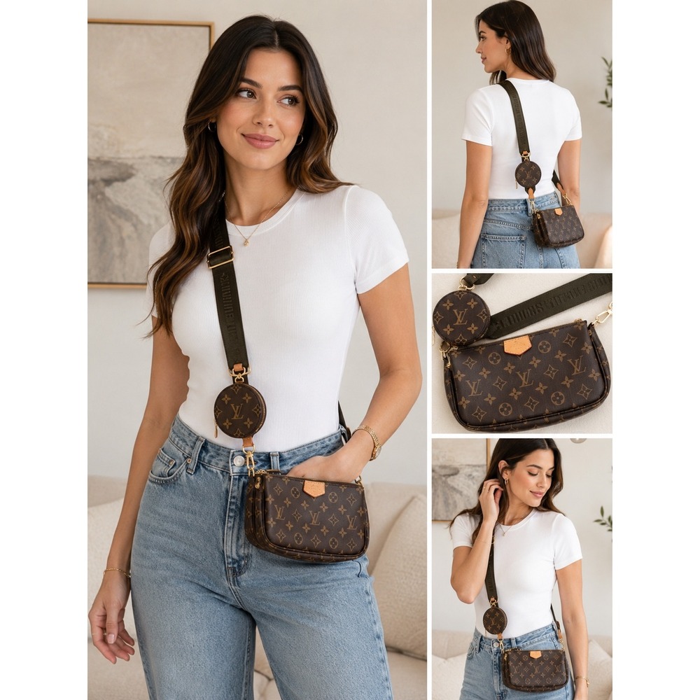 Louis Vuitton Multi Pochette Accessoires Monogram Crossbody Bag Khaki Strap